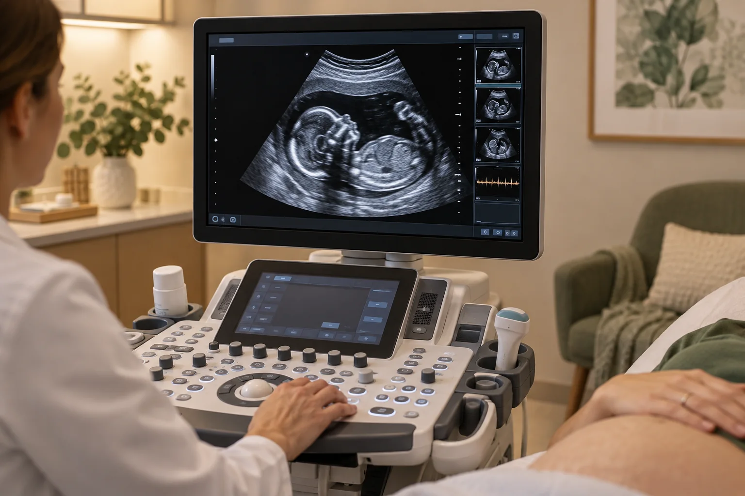 Equipo de ultrasonido durante una evaluación prenatal